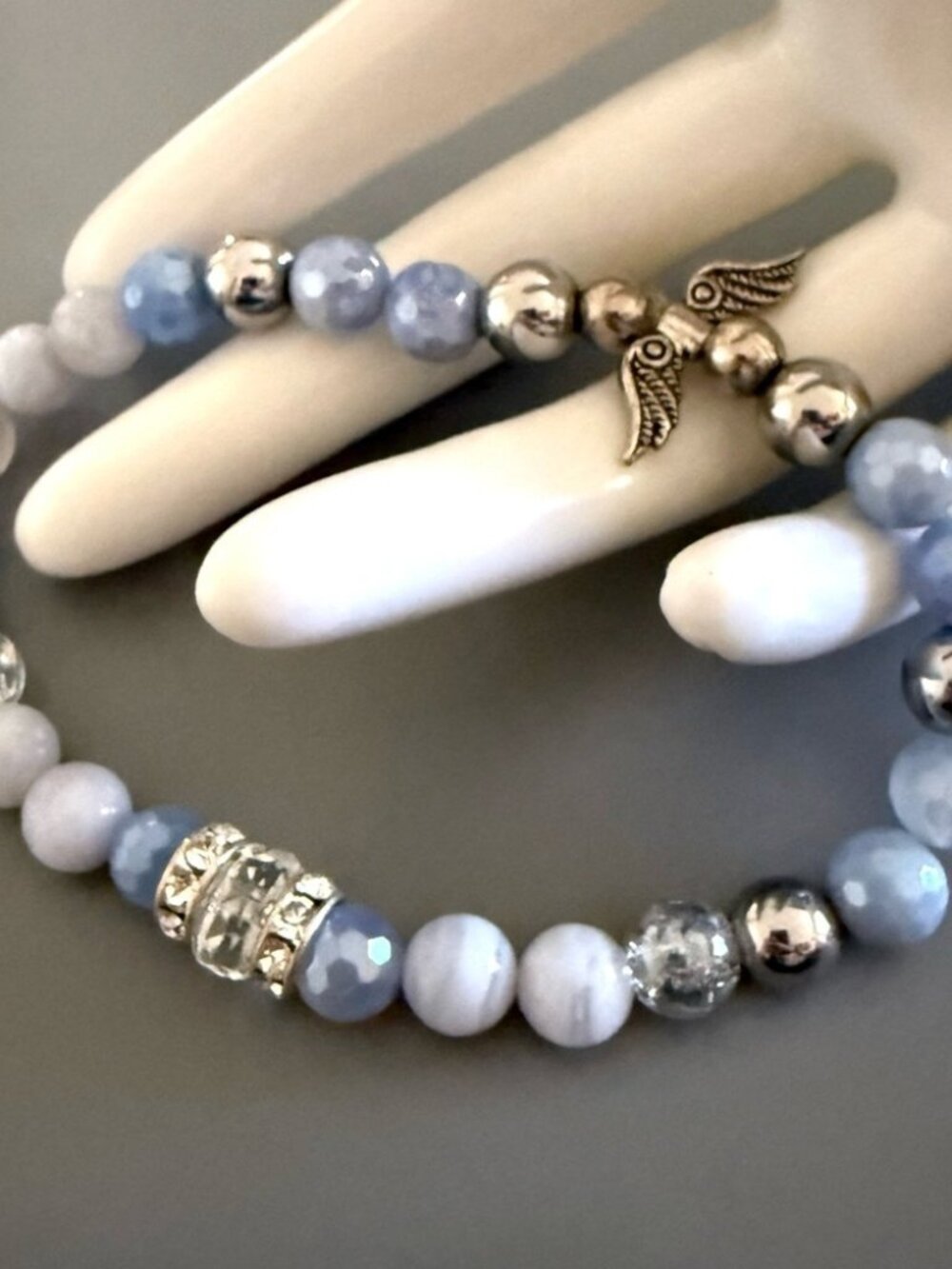 Guardian Angel Natural Blue Quartz Bracelet With Silver Balls for Larger Wrists